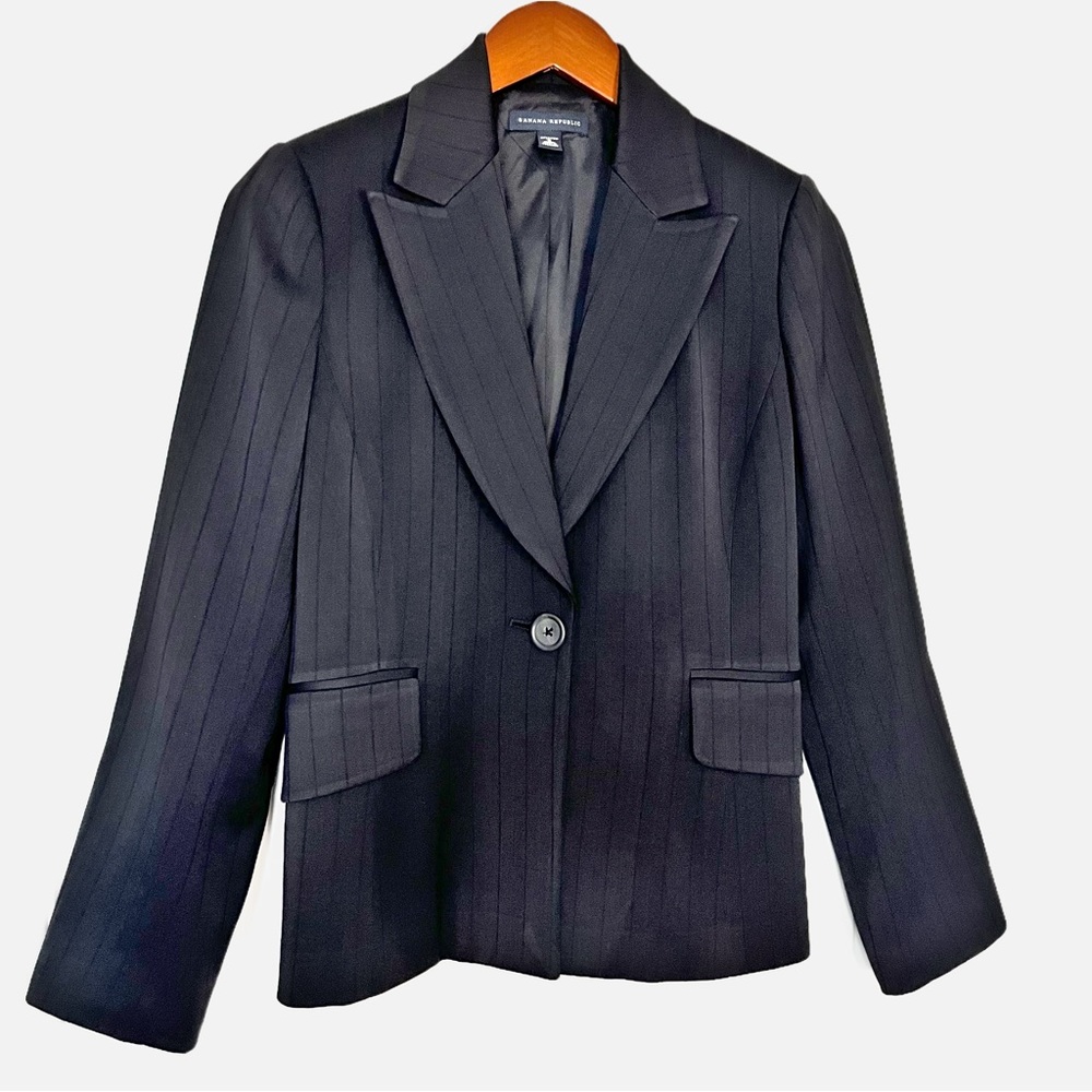 Banana Republic Lined Black on Black pinstripe suit blazer and slacks